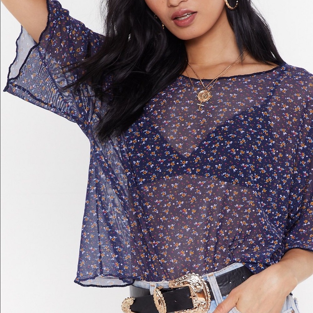“flower above floral mesh top” sheer nastygal top